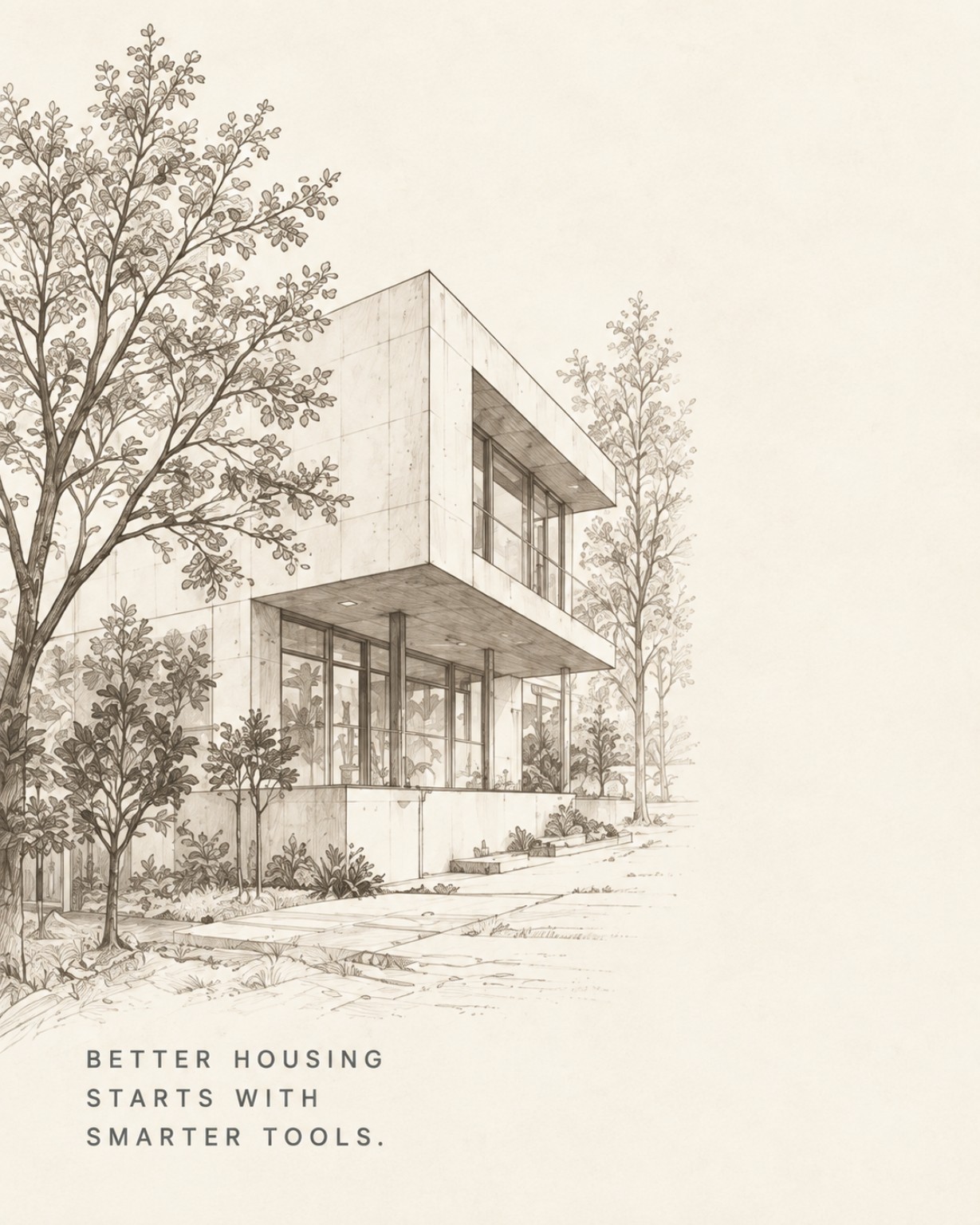 Architectural pencil drawing of a modern two-level residence surrounded by trees